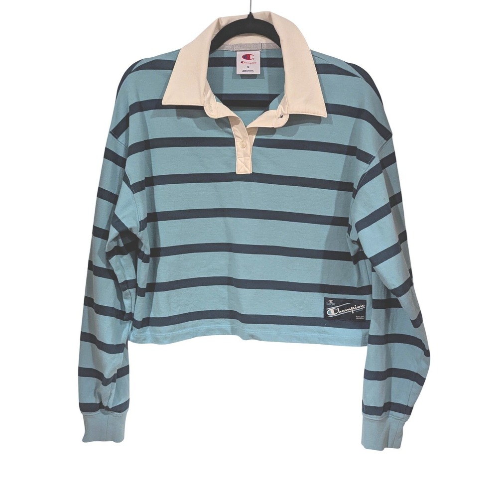 Champion Cropped Rugby Shirt S Teal Blue Striped Long Sleeve Polo Varsity Sporty
